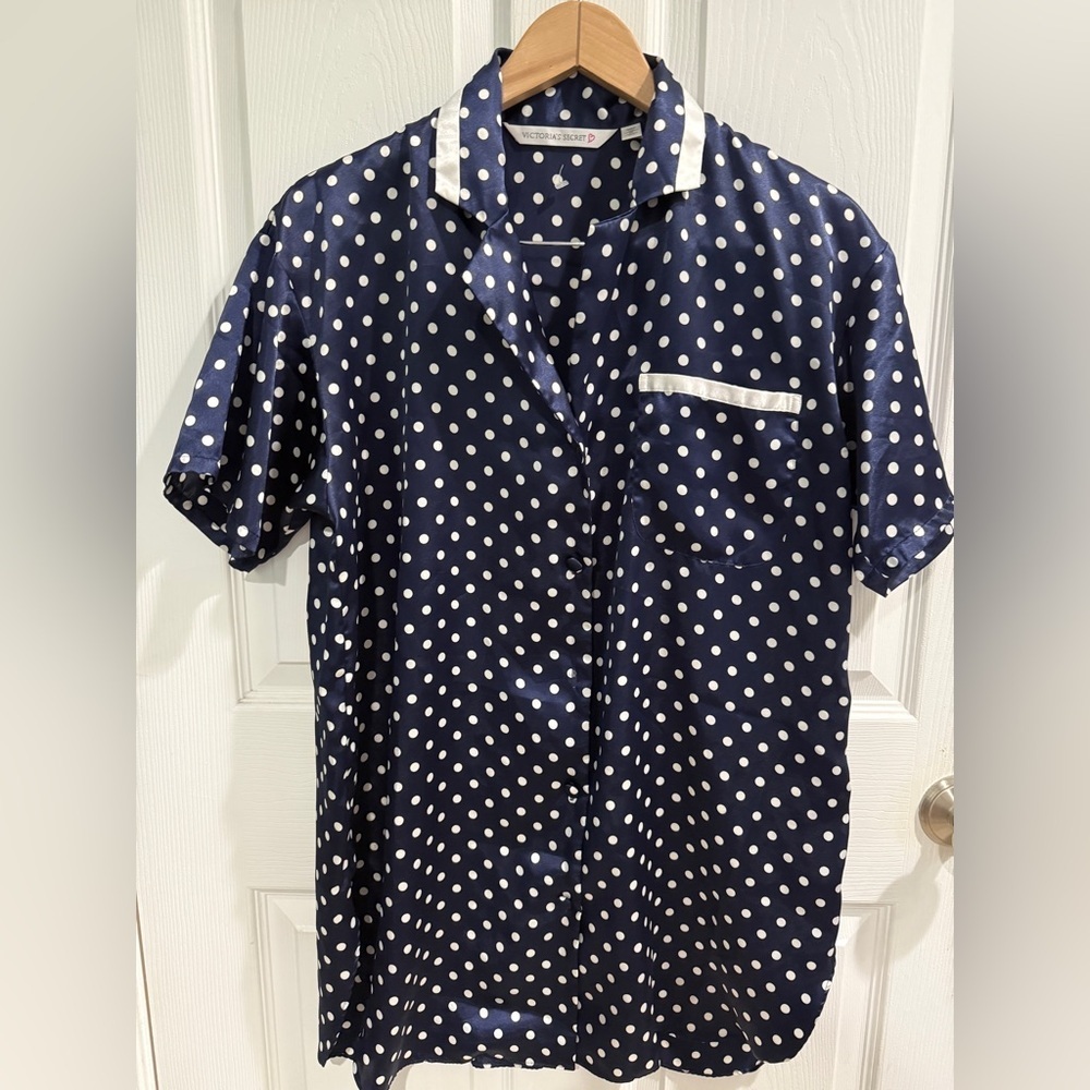 VTG Victoria's Secret Navy White Polka Dot Button Down Sleep Shirt Size XS